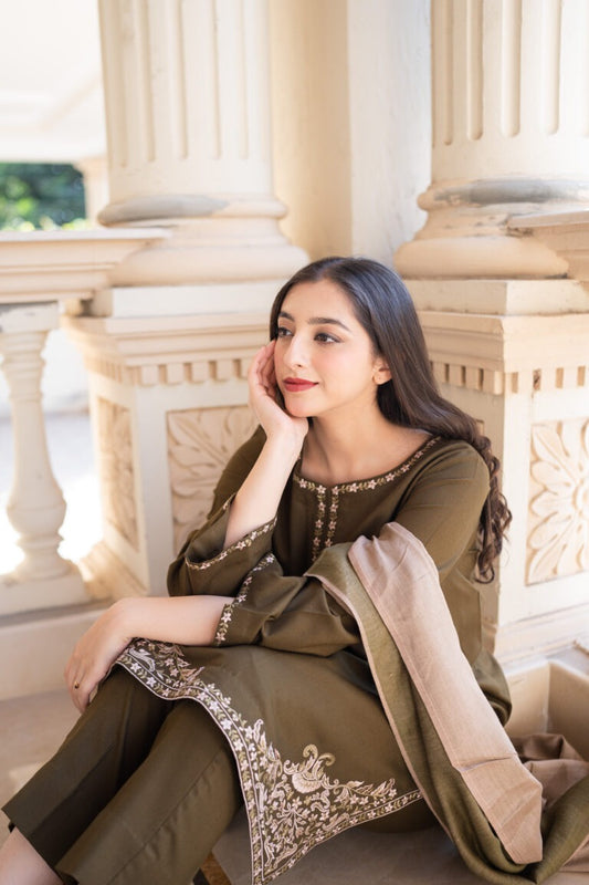 DARK OLIVE: Rich Velvet Embroidered 3PC Suit | Formal Wear