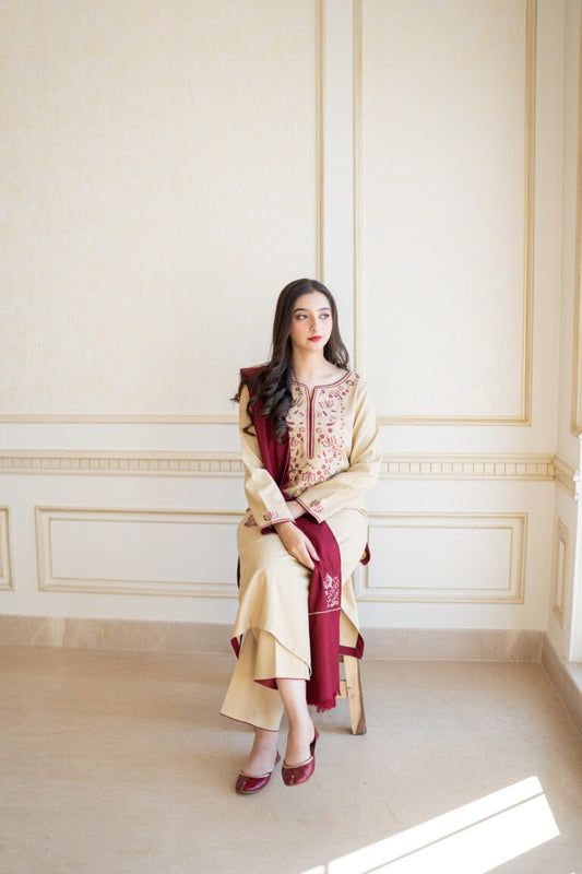 NATURAL BEIGE: Elegant Embroidered 3PC Suit | Classic Neutral