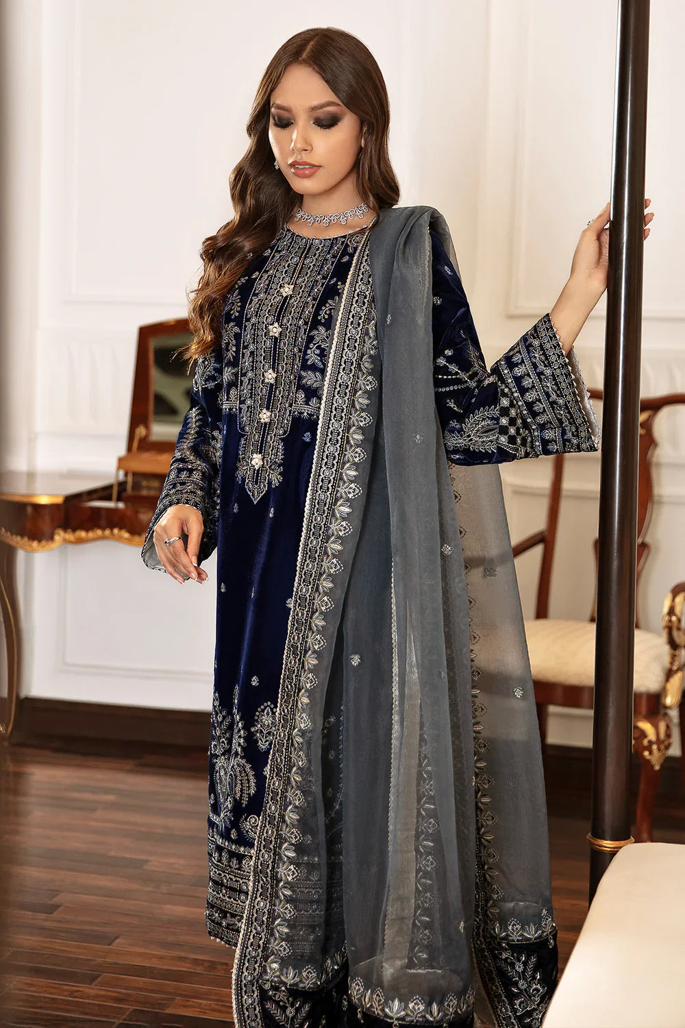 Zimal: Luxury Velvet Embroidered 3PC Suit | Formal Winter Wear