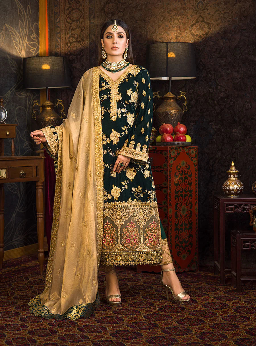 BOTTEL GREEN: Rich Velvet Embroidered 3PC Suit | Festive Wear