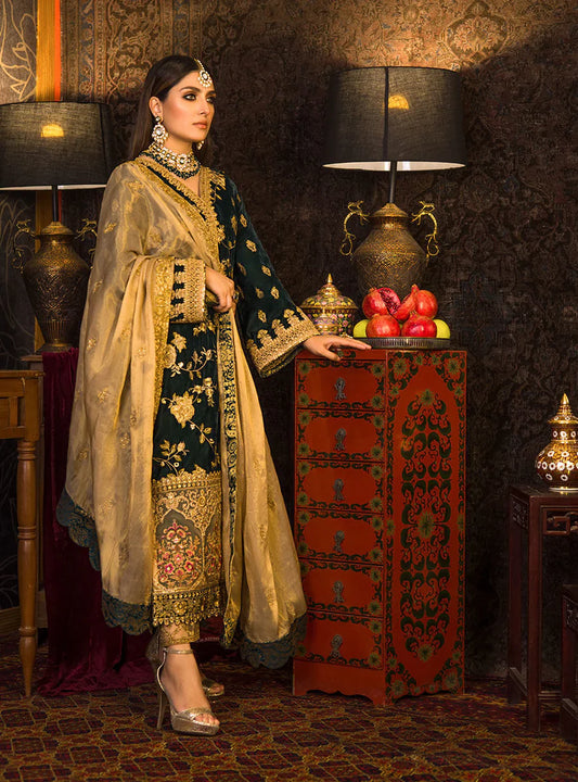 BOTTEL GREEN: Rich Velvet Embroidered 3PC Suit | Festive Wear