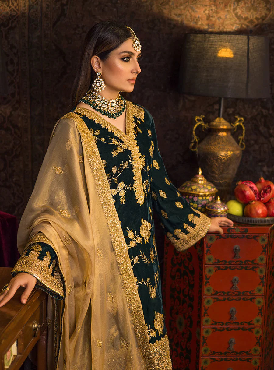 BOTTEL GREEN: Rich Velvet Embroidered 3PC Suit | Festive Wear