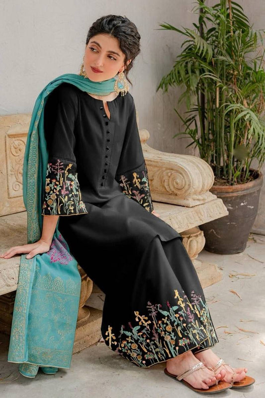 AS-882: Black Dhanak Embroidered 3PC Suit | Formal Winter Wear