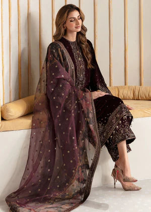 HEART MEHROON: Rich Maroon Velvet Embroidered 3PC Suit