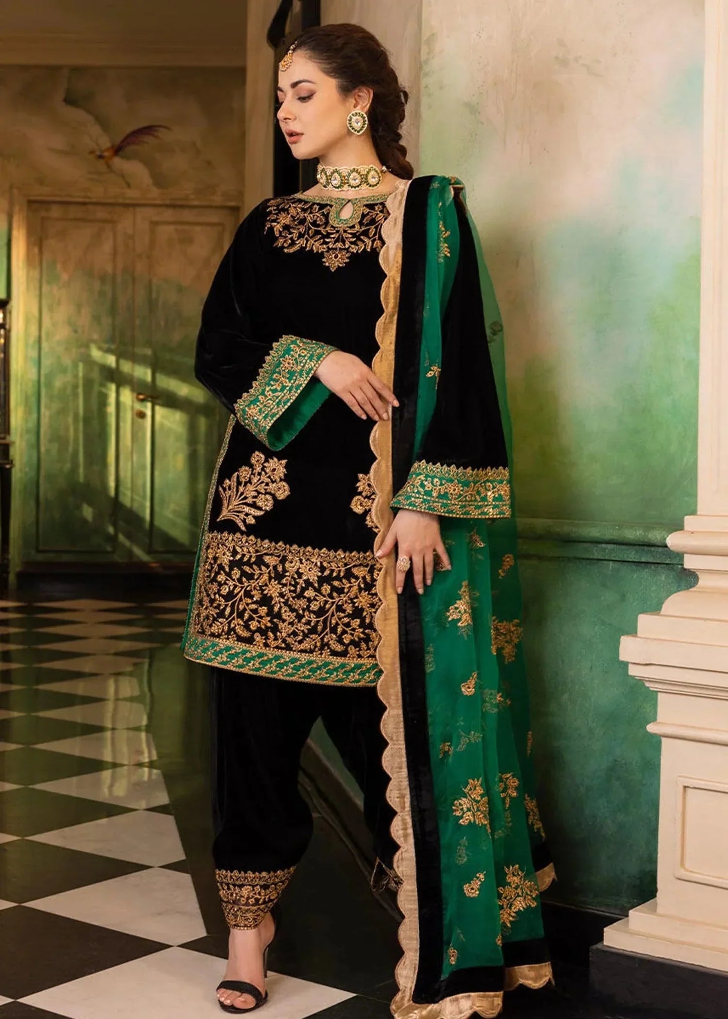BUBBLE GREEN: Vibrant Velvet Embroidered 3PC Suit | Festive Wear