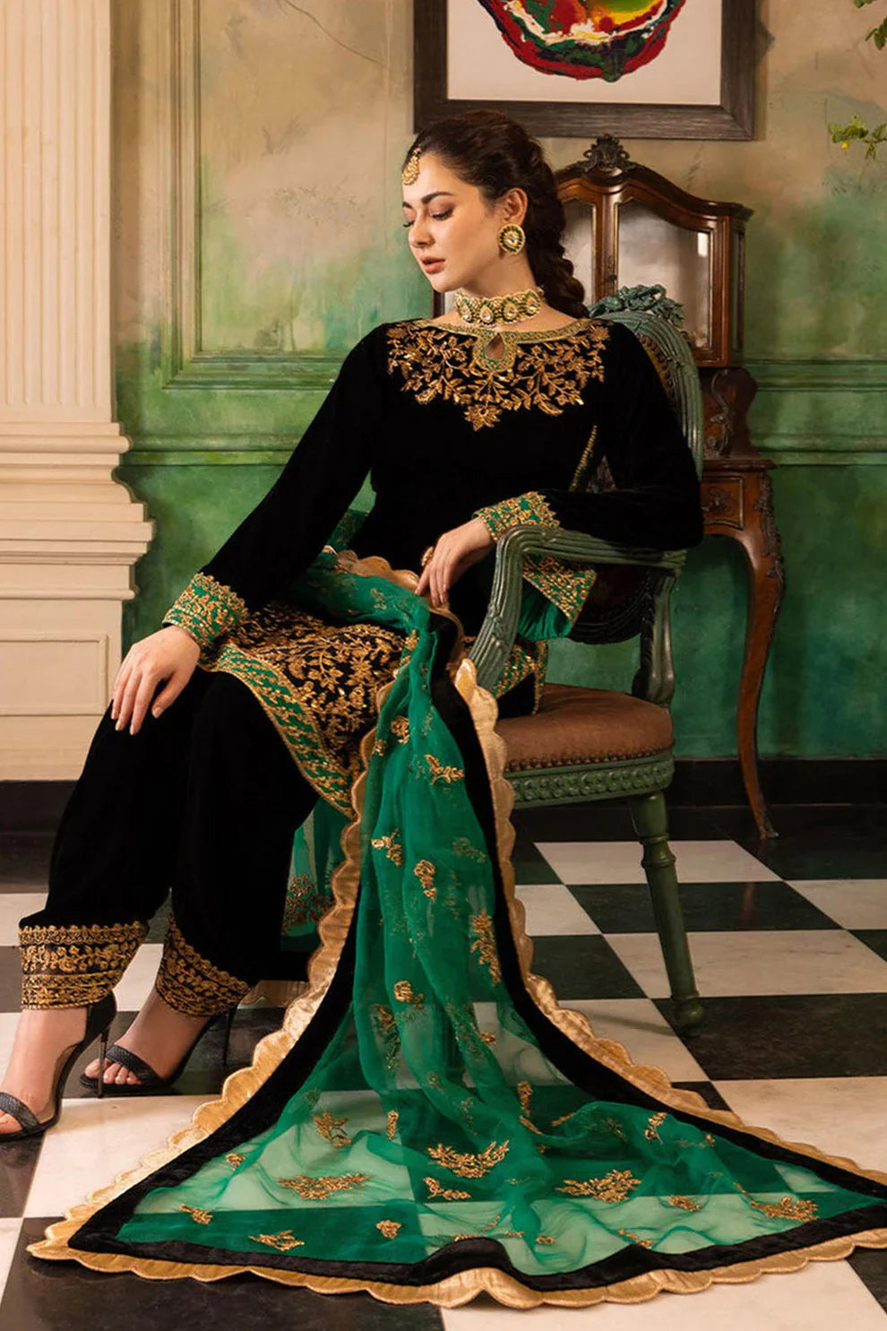 BUBBLE GREEN: Vibrant Velvet Embroidered 3PC Suit | Festive Wear
