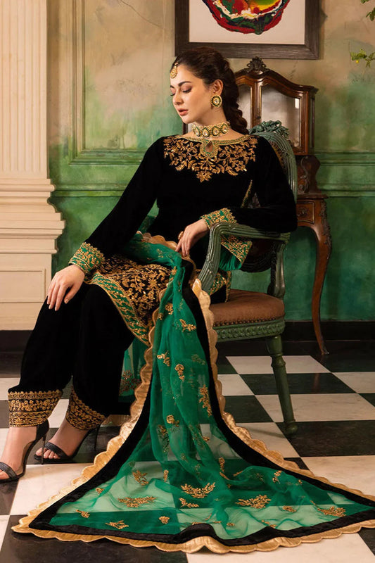 BUBBLE GREEN: Vibrant Velvet Embroidered 3PC Suit | Festive Wear