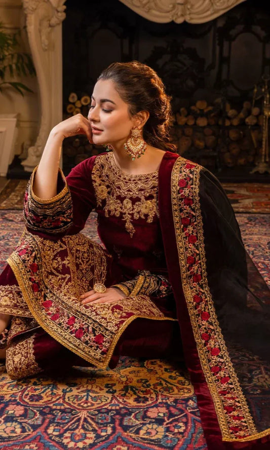 HOT RED: Intense Red Velvet Embroidered 3PC Festive Suit