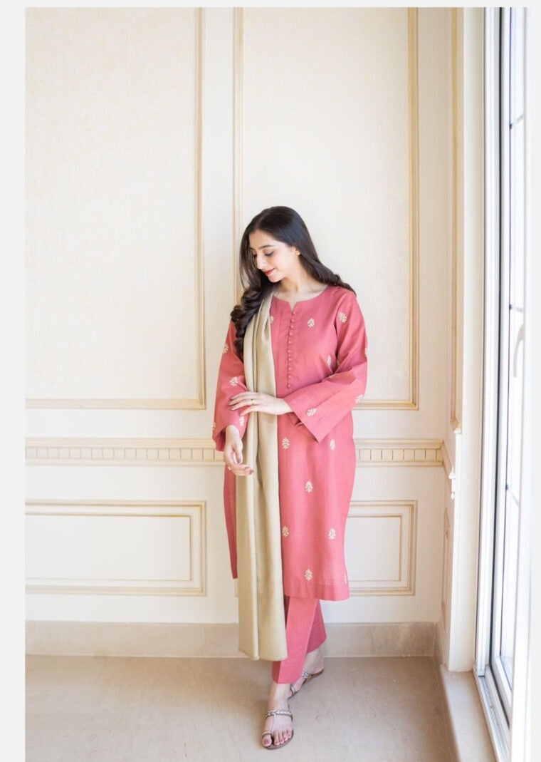 DUSTY PINK: Elegant Embroidered 3PC Suit | Modern Festive Wear