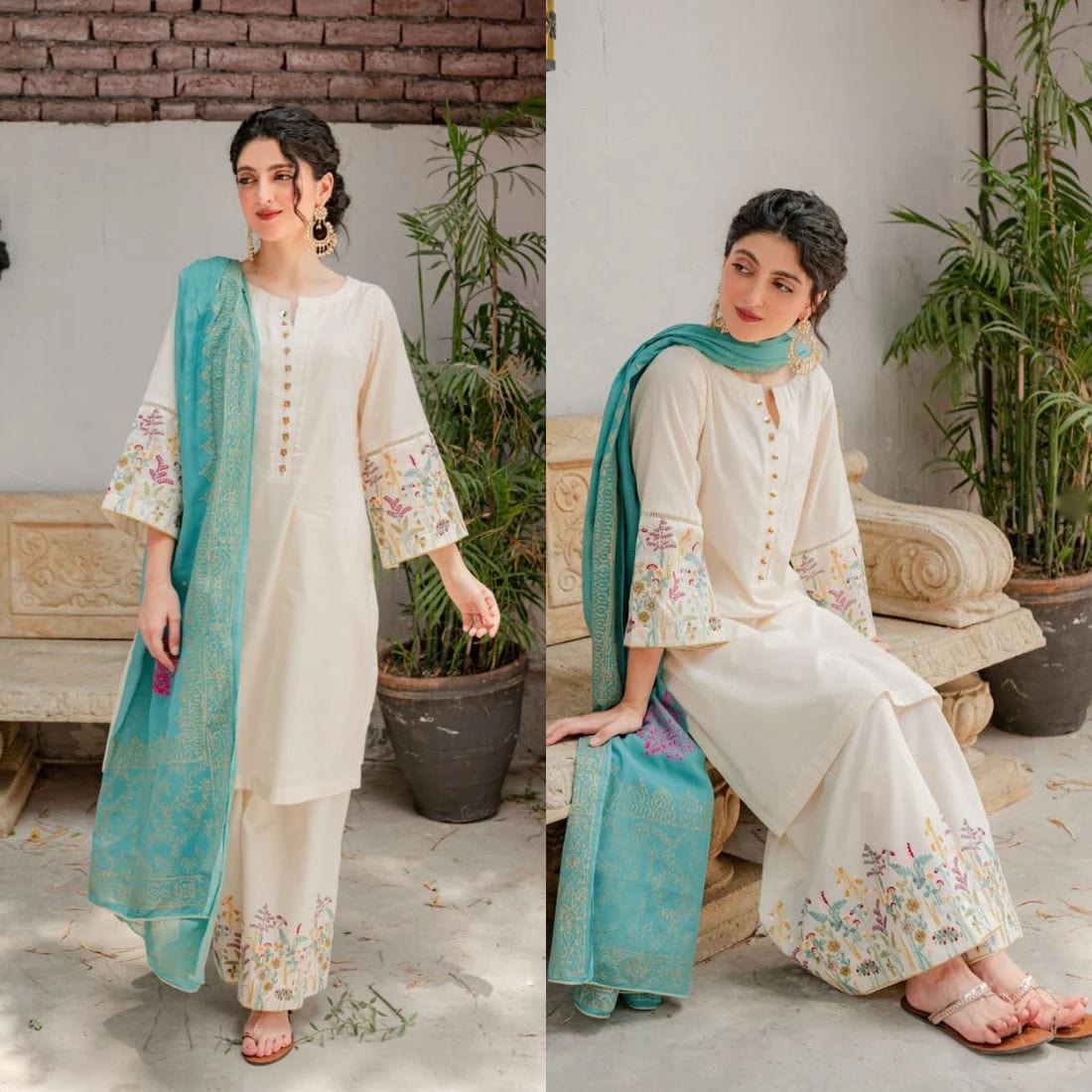 ASC-882: Elegant Off White Embroidered Dhanak 3PC Suit