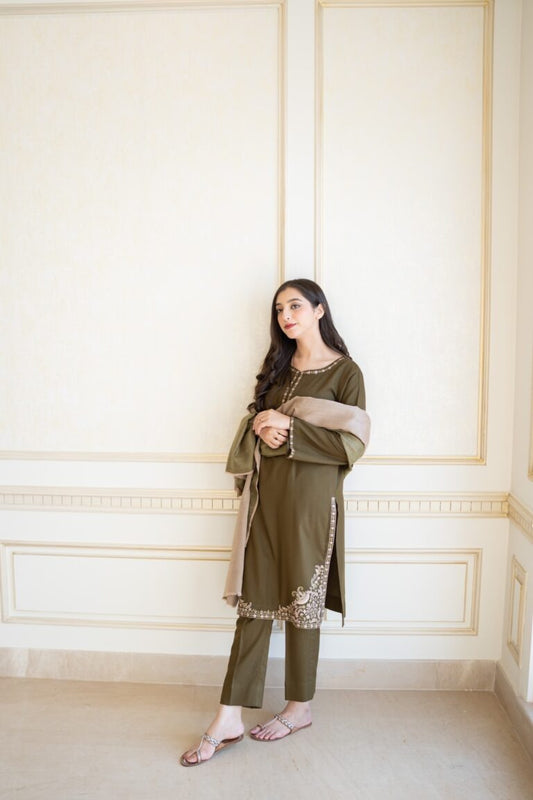 DARK OLIVE: Rich Velvet Embroidered 3PC Suit | Formal Wear