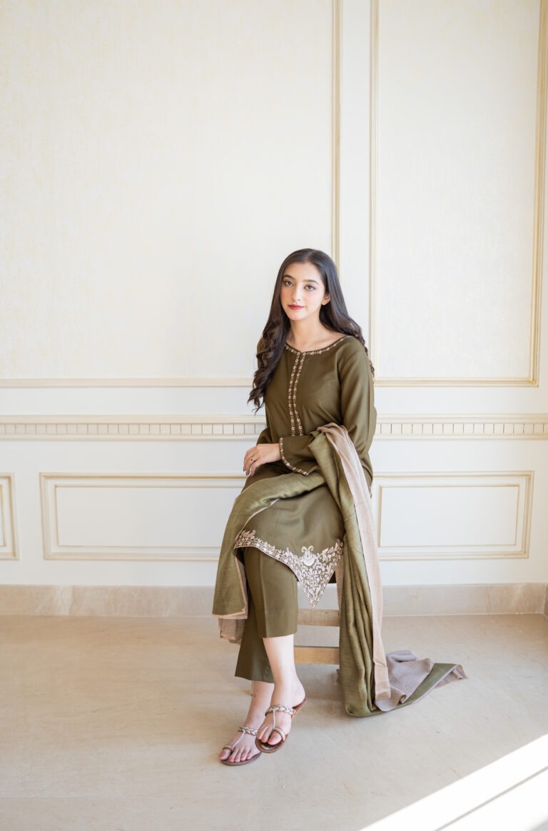 DARK OLIVE: Rich Velvet Embroidered 3PC Suit | Formal Wear