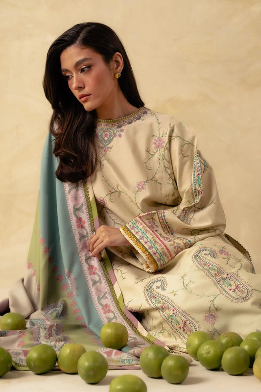 ZW23-3A: Classic Embroidered Dhanak 3PC Suit | Winter Essential