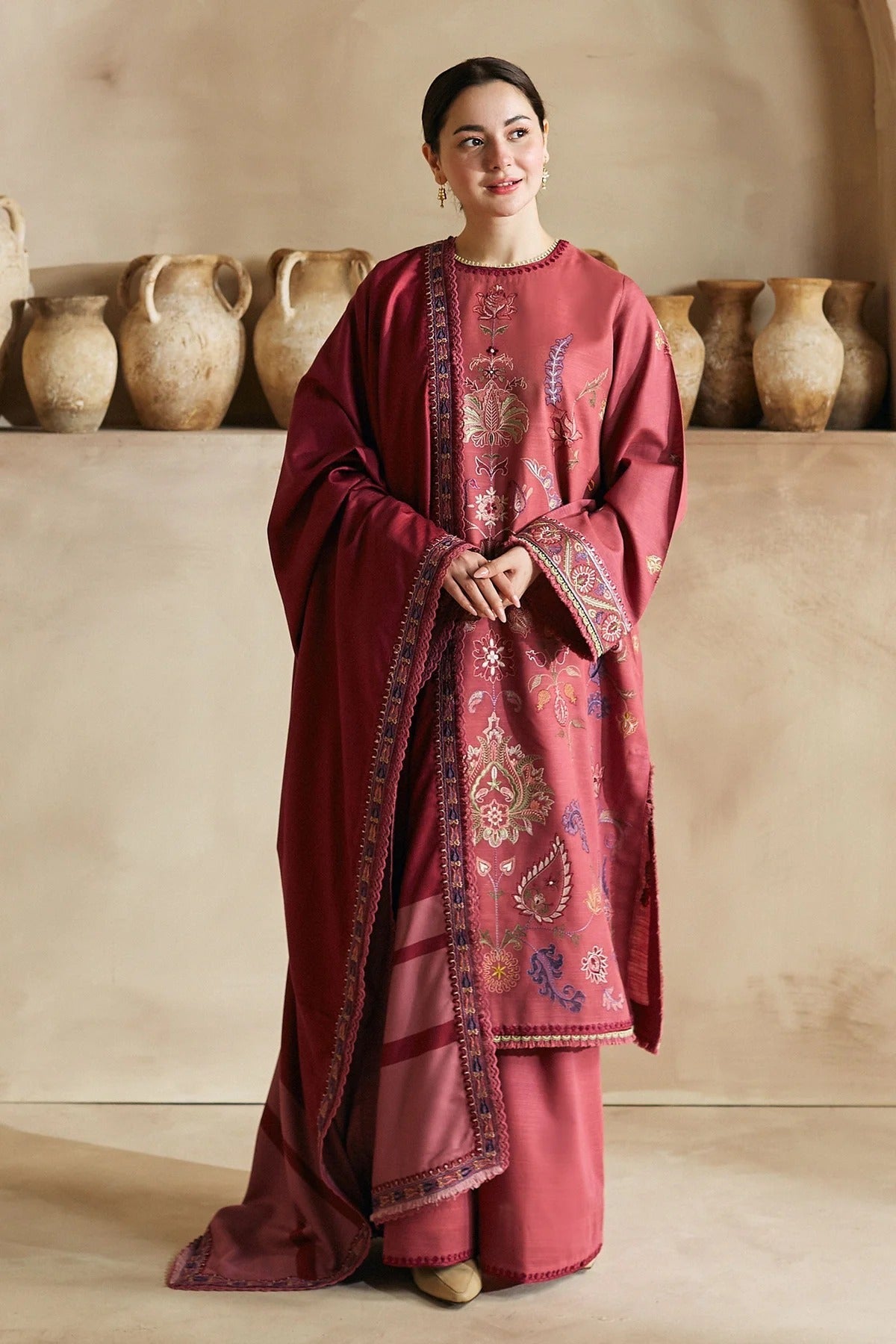 ZW23-6A: Sophisticated Embroidered Dhanak 3PC Suit | Winter