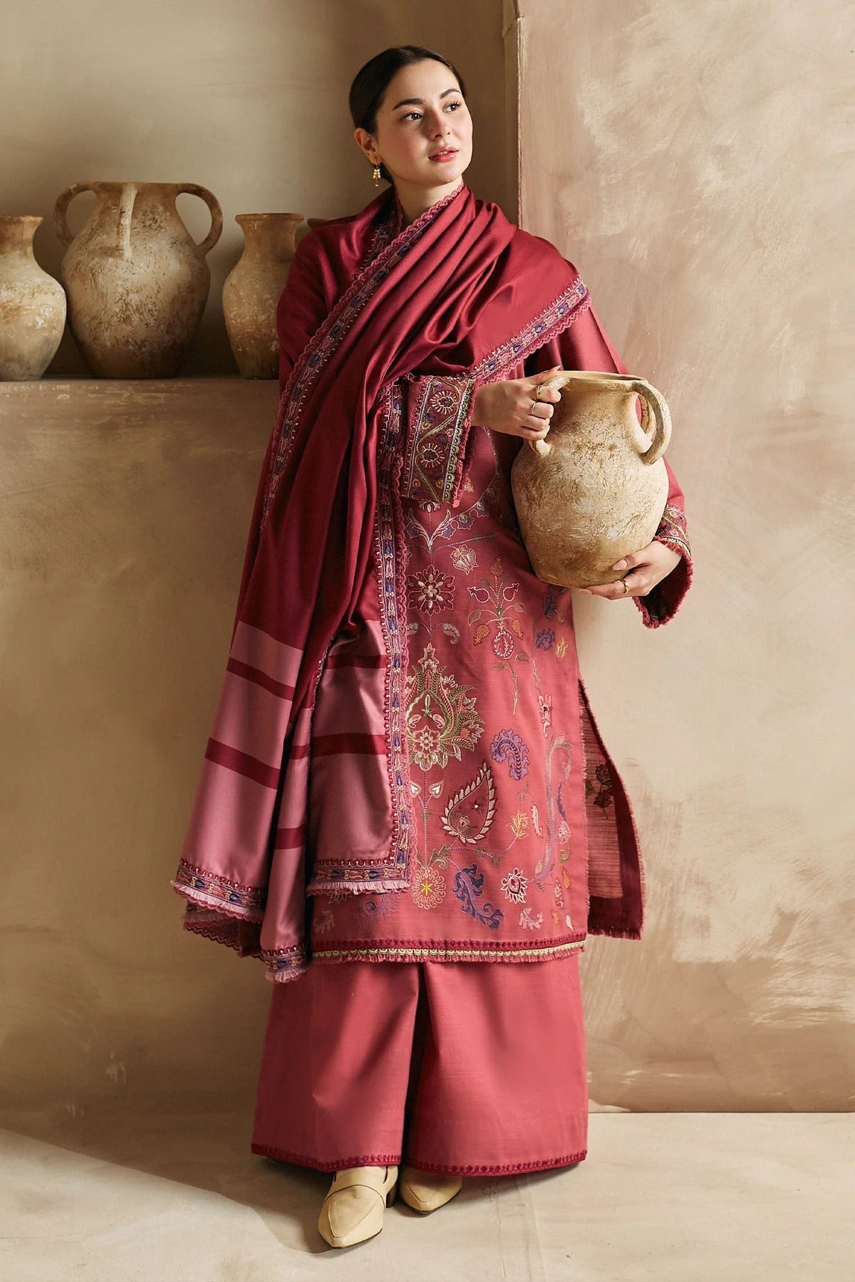 ZW23-6A: Sophisticated Embroidered Dhanak 3PC Suit | Winter