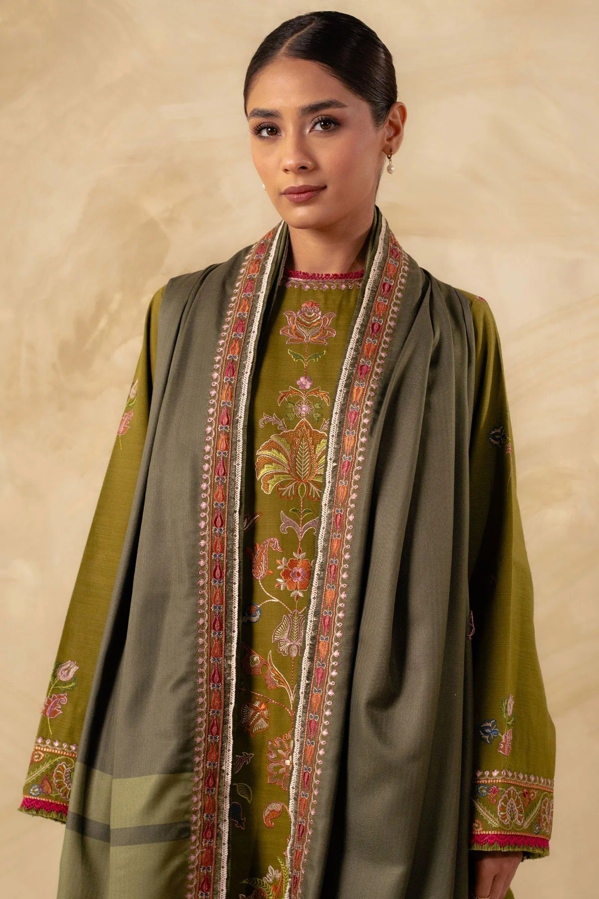 ZW23-6B: Sophisticated Embroidered Dhanak 3PC Suit | Winter
