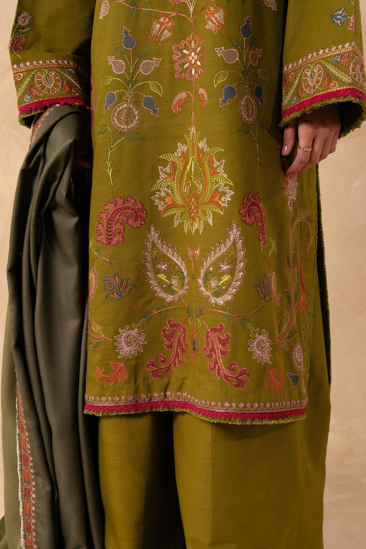 ZW23-6B: Sophisticated Embroidered Dhanak 3PC Suit | Winter