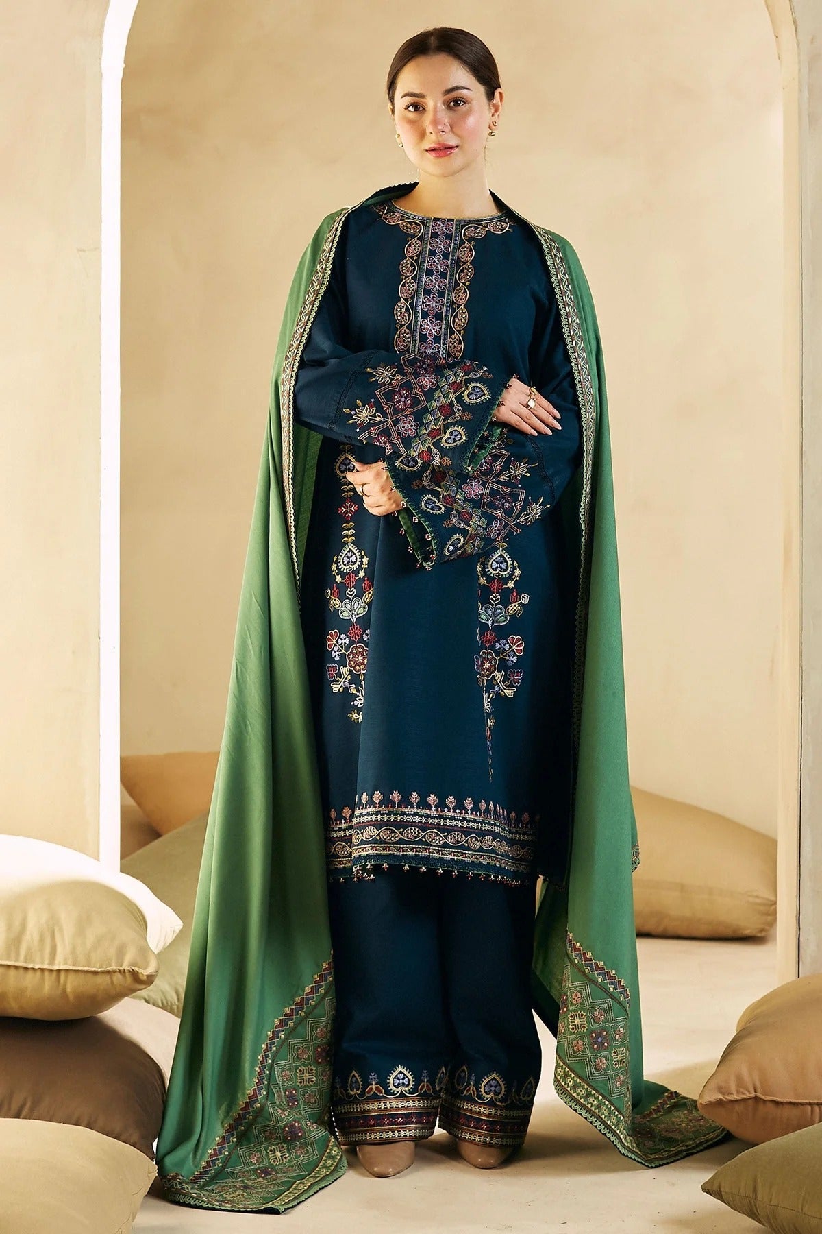 ZW23-7B: Stylish Embroidered Winter 3PC Suit | Cozy Dhanak