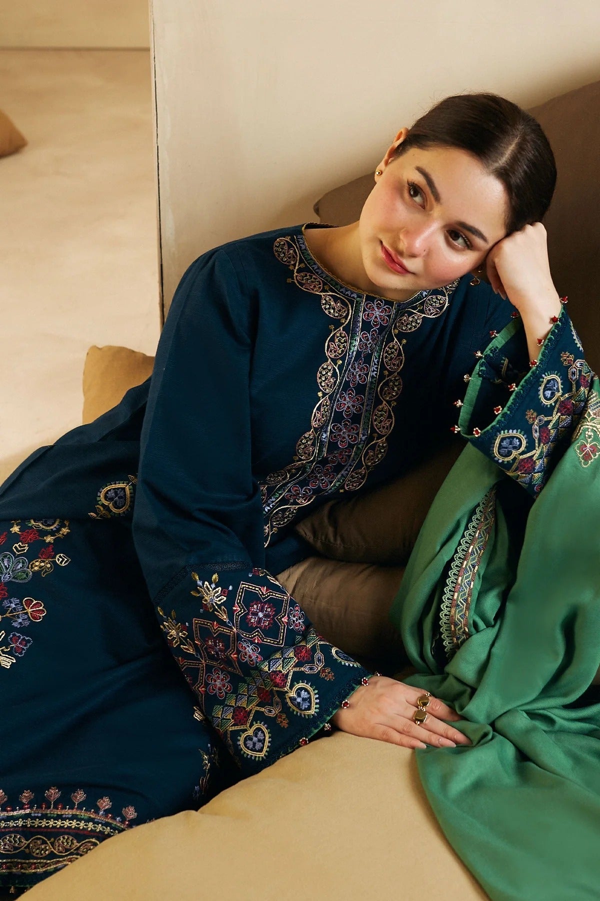 ZW23-7B: Stylish Embroidered Winter 3PC Suit | Cozy Dhanak