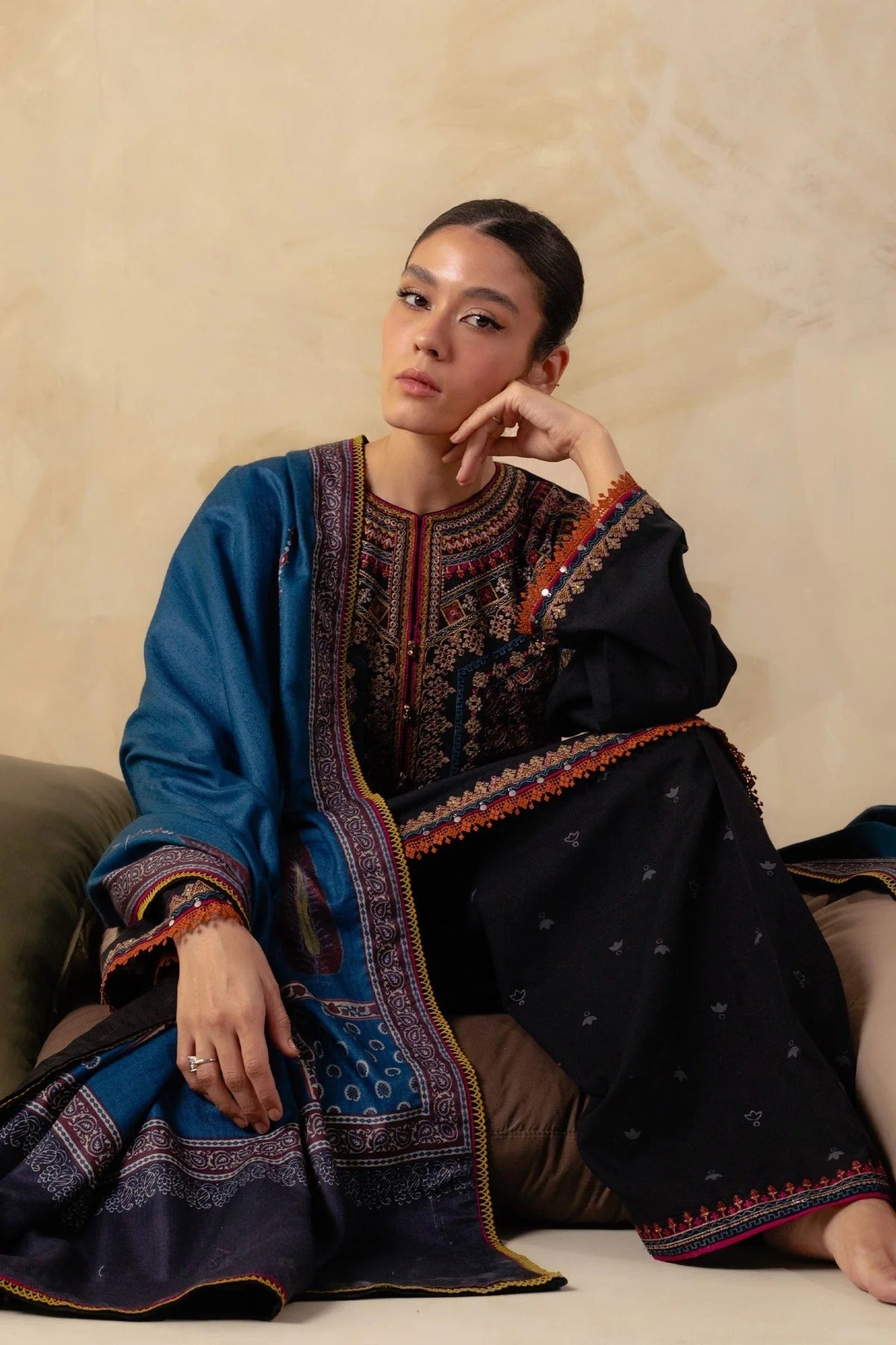 ZW23-8B: Modern Embroidered Dhanak 3PC Suit | Cozy Winter