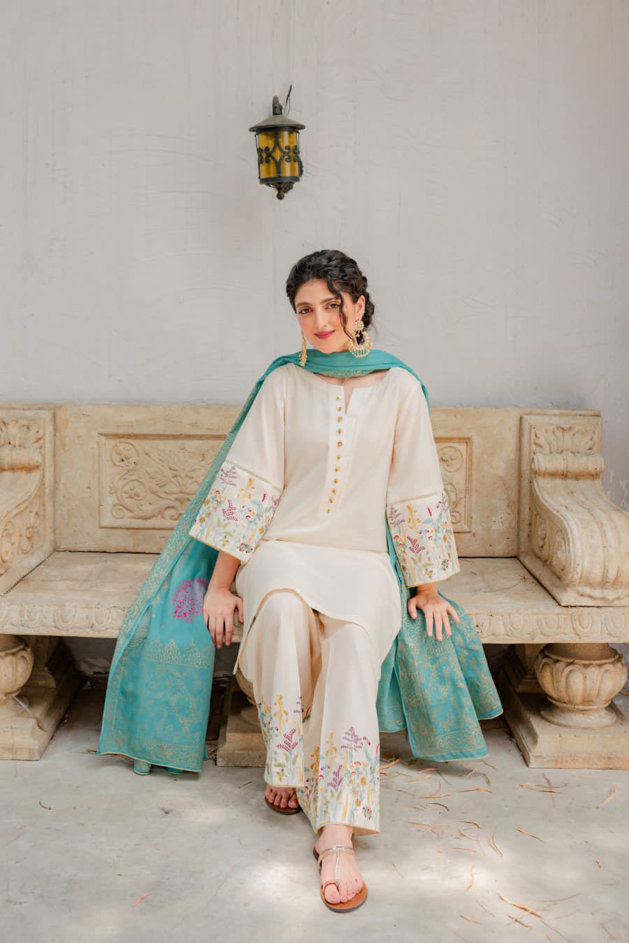 ASC-882: Elegant Off White Embroidered Dhanak 3PC Suit