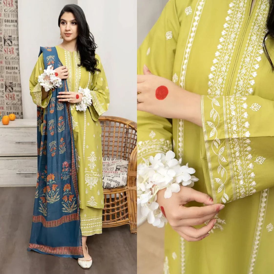 AR-720: Popular Lawn Embroidered 3PC Suit with Chiffon Dupatta